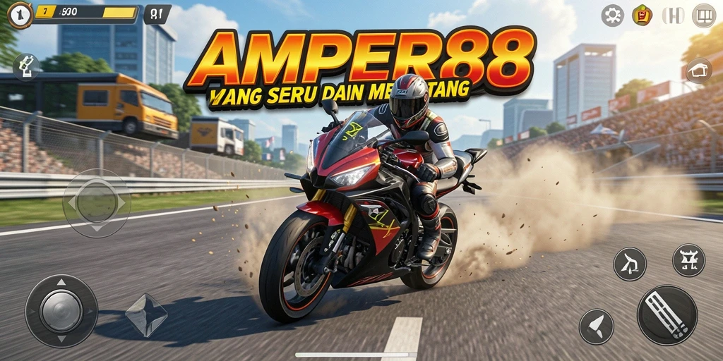 Screenshot gameplay AMPER88 menampilkan balapan motor yang penuh aksi.