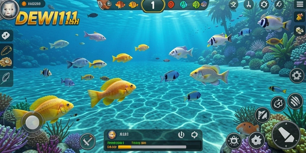 Tampilan gameplay DEWI11 menangkap aksi menembak ikan dengan menarik.