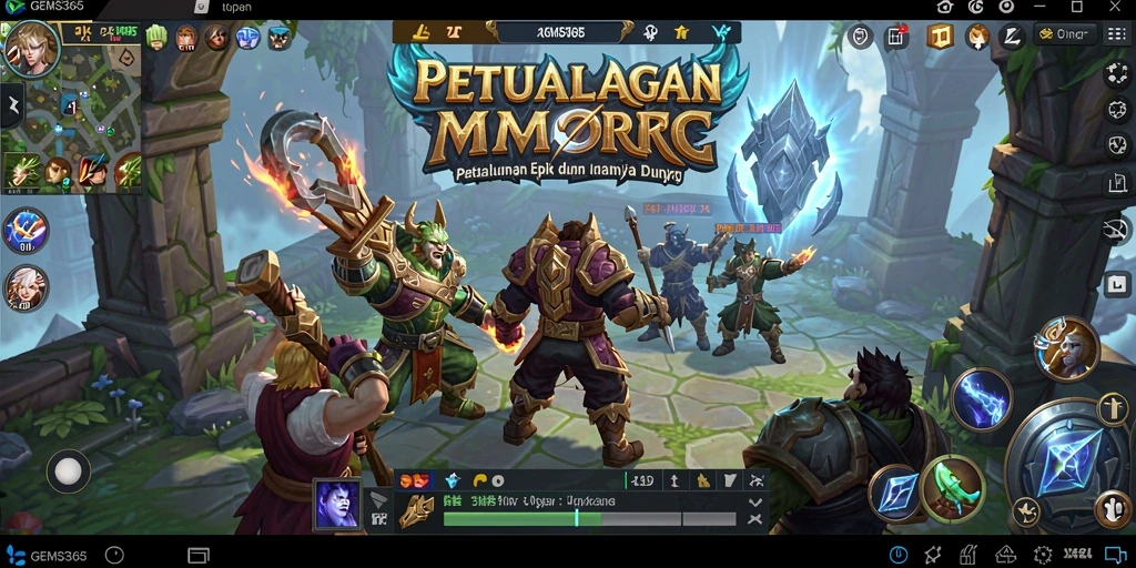 Gameplay GEMS365 yang menampilkan pertarungan epik dan eksplorasi dunia.
