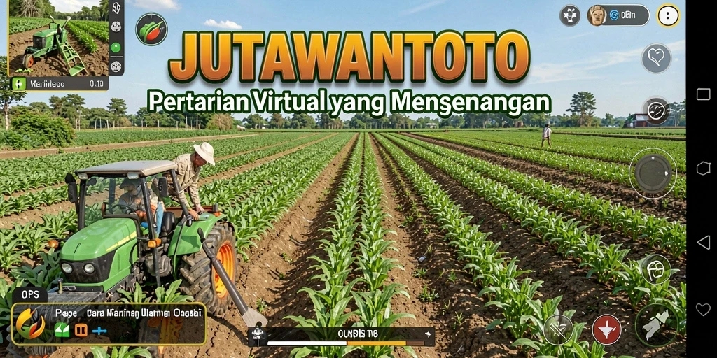 Screenshot utama JUTAWANTOTO menampilkan aktivitas bertani yang penuh warna.