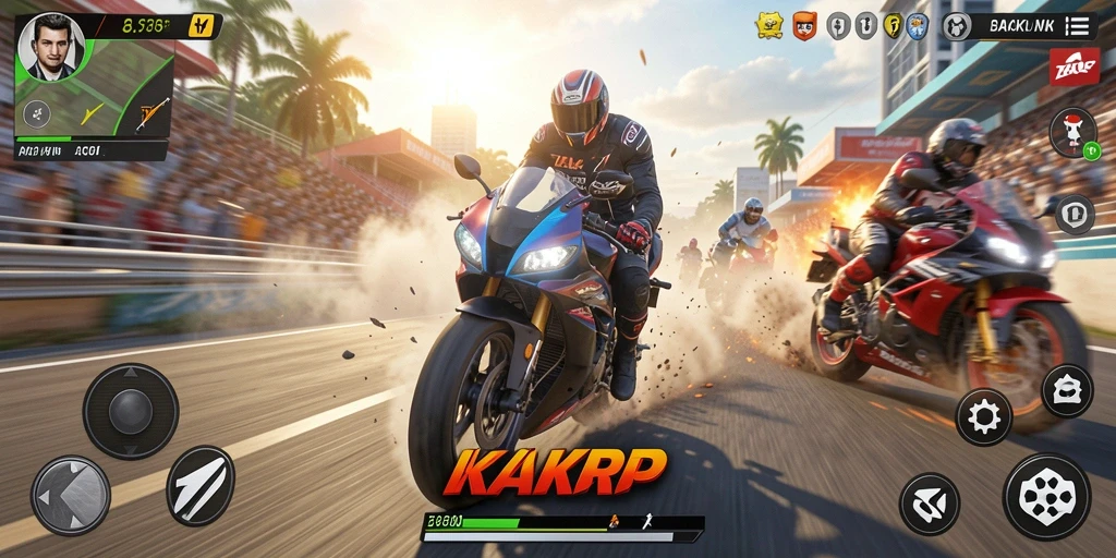 Gameplay KAKRP yang mendebarkan dengan balapan motor yang seru.