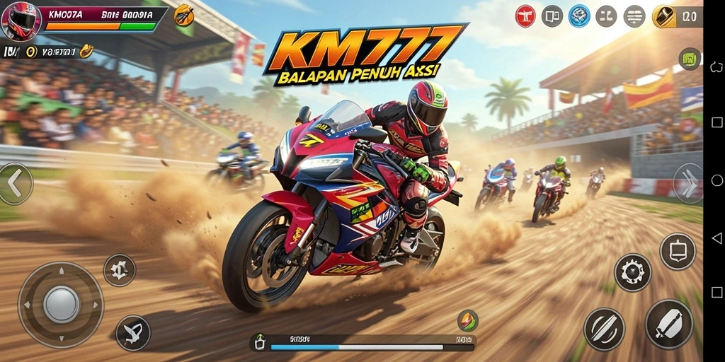 Screenshot gameplay KM777 menampilkan balapan motor yang mendebarkan.