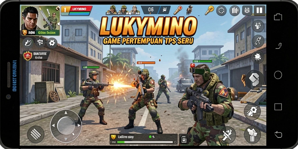 Tampilan seru gameplay LUKYMINO dengan aksi pertempuran TPS.