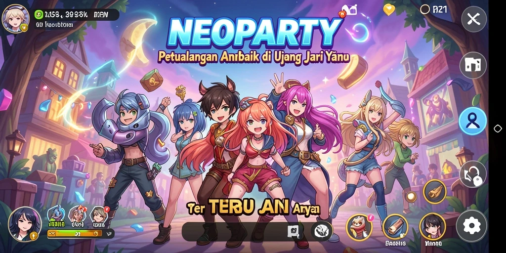 Tangkapan layar menampilkan gameplay <strong>NEOPARTY</strong> yang penuh aksi dan karakter anime favorit.