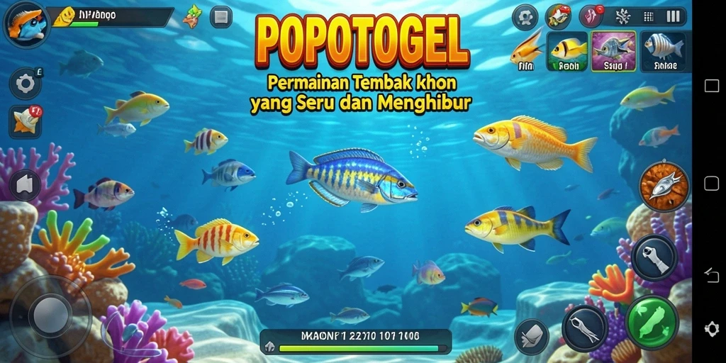 Tampilan gameplay POPOTOGEL dengan aksi menembak ikan yang mendebarkan.